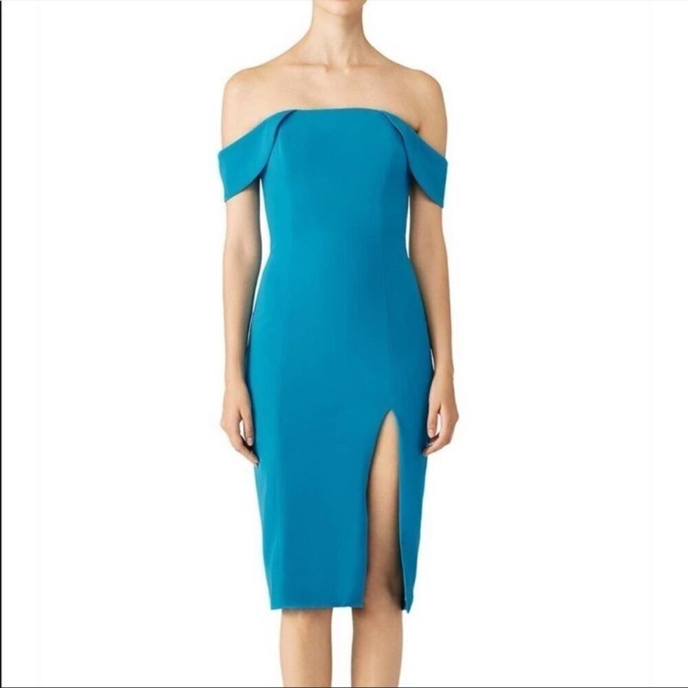 JAYGODFREY blue off shoulder dress midi side slit body con